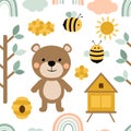 Seamless pattern Bear bees honey vector illustration. Pink and blue trees cloud rainbow